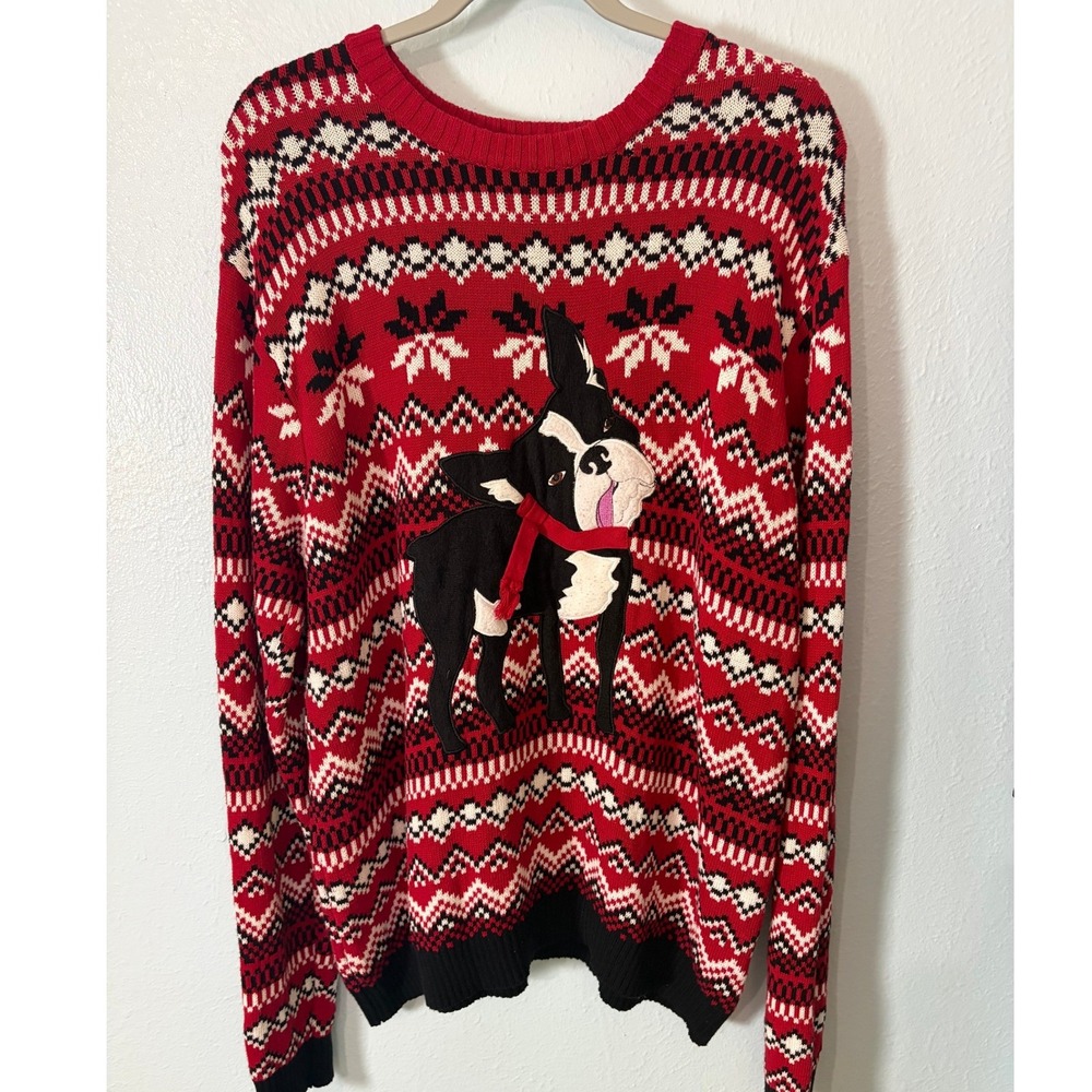 33 Degrees Boston Terrier Fair Isle Christmas Sweater Red Black White XL Cotton